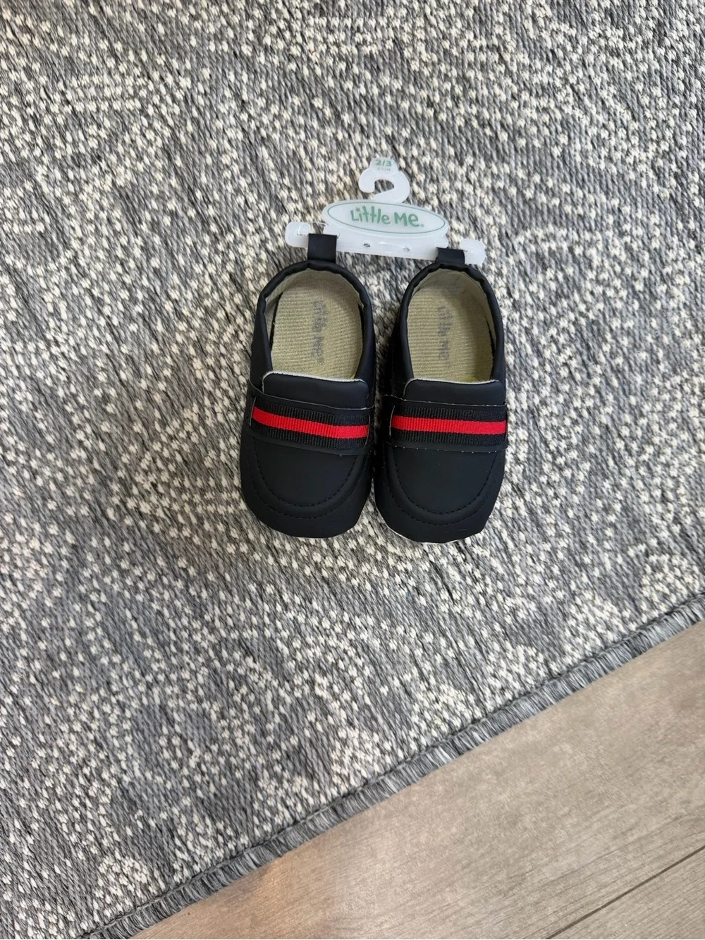 New Little Me Baby Boy Dress Shoes Black Loafers with Red Stripe 6-12 Months 2/3